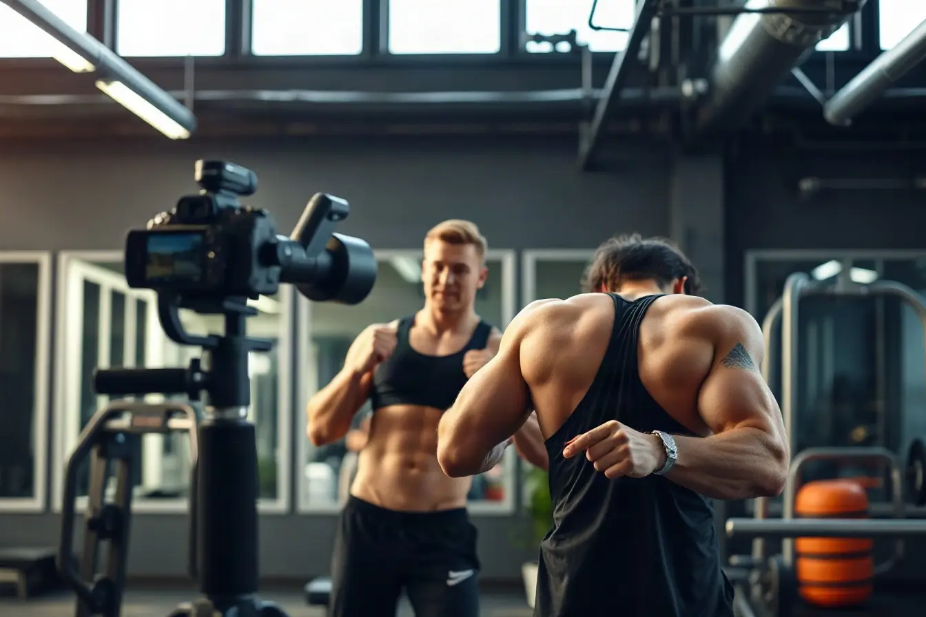 Fitness trainer being filmed in a modern gym